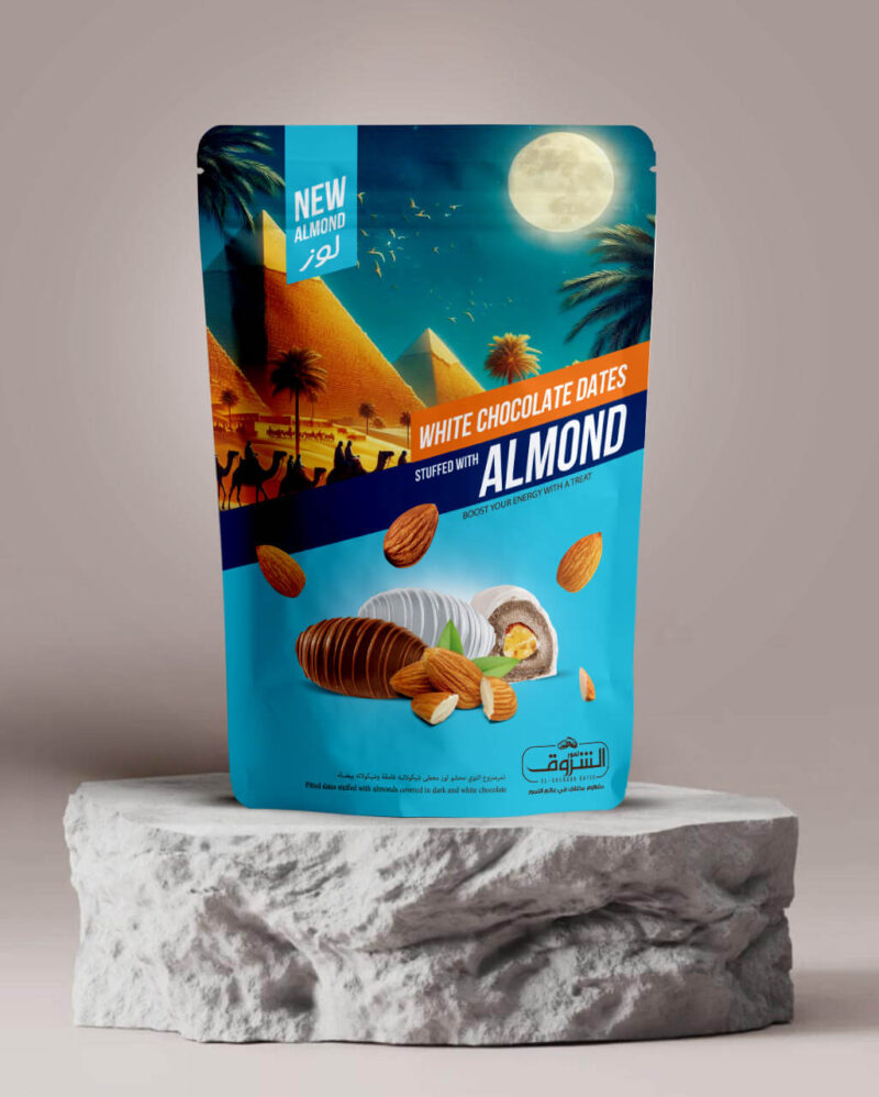 Dates with Almond Mix Chocolate (white and dark) Net Weight: 250g | 12 Pieces Per Box